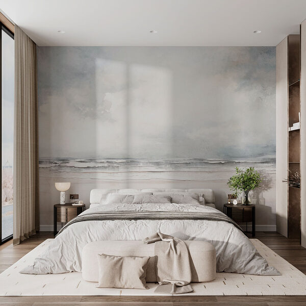 Strand met golven en wolken Fotobehang Strand met golven en wolken