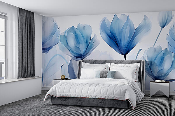 Blauwe en witte bloemen Fotobehang Blauwe en witte bloemen