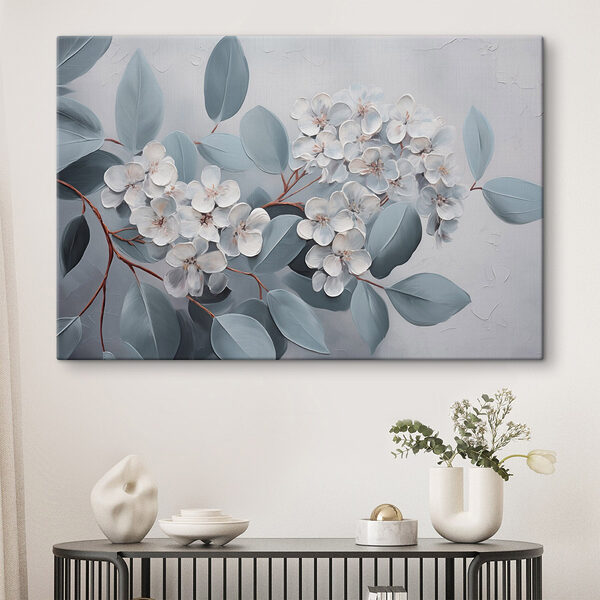 Schilderij van witte bloemen en bladeren Canvas Schilderijen Schilderij van witte bloemen en bladeren