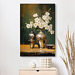 Canvas Schilderijen Vaas met witte bloemen en een schaal