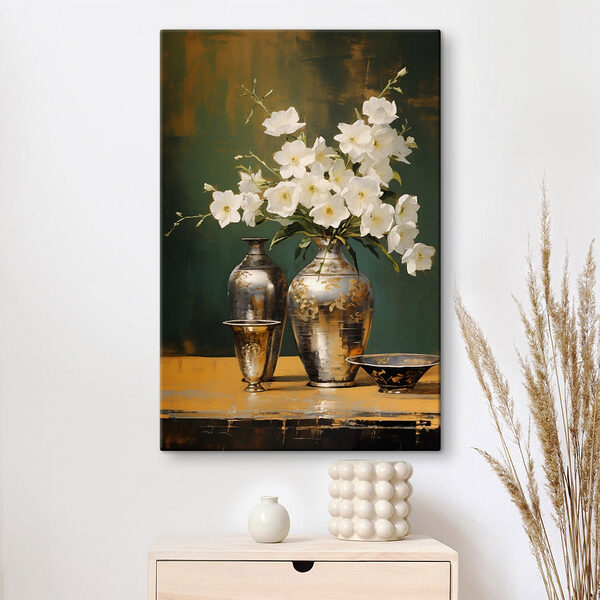 Vaas met witte bloemen en een schaal Canvas Schilderijen Vaas met witte bloemen en een schaal