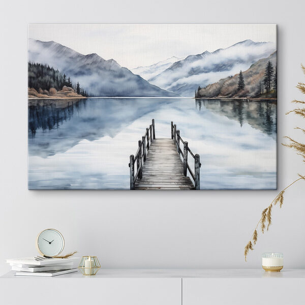 Aquarel van een steiger op een meer met bergen op de achtergrond Canvas Schilderijen Aquarel van een steiger op een meer met bergen op de achtergrond