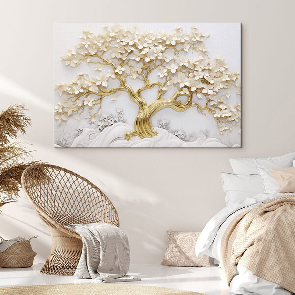 Boom met witte bladeren en bloemen Canvas Schilderijen Boom met witte bladeren en bloemen
