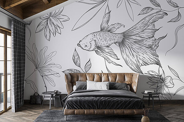 Fotobehang Zwart-wit tekening van een vis en planten (Artikelnummer: w03516) Fotobehang Fotobehang Zwart-wit tekening van een vis en planten (Artikelnummer: w03516)