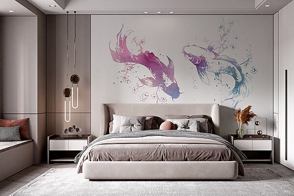 Twee vissen met waterverfspatten Fotobehang Twee vissen met waterverfspatten