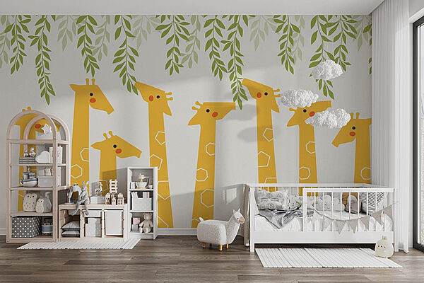 Groep giraffen met bladeren Fotobehang Groep giraffen met bladeren