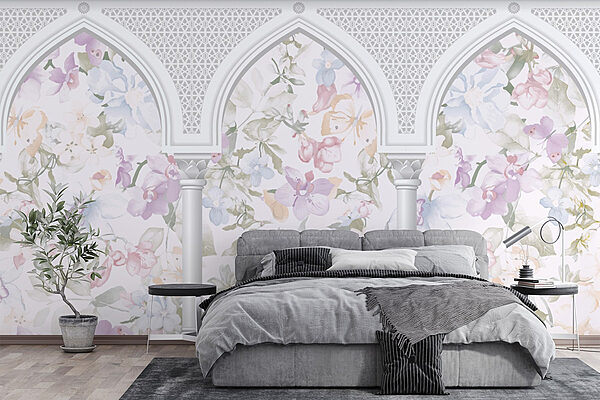 Behang met bloemen en bogen Fotobehang Behang met bloemen en bogen