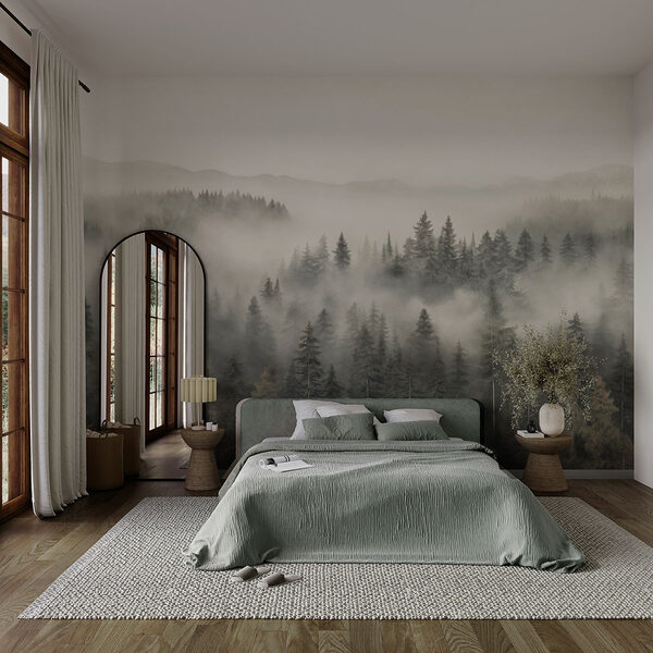 Bos met mist en bergen Fotobehang Bos met mist en bergen