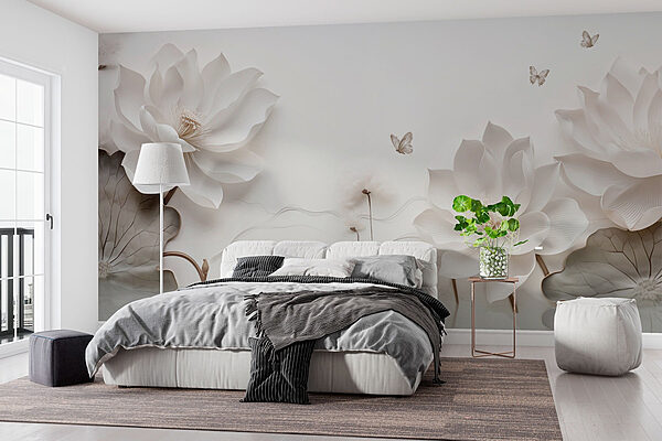 Witte papieren bloemen en vlinders op een wit oppervlak Fotobehang Witte papieren bloemen en vlinders op een wit oppervlak