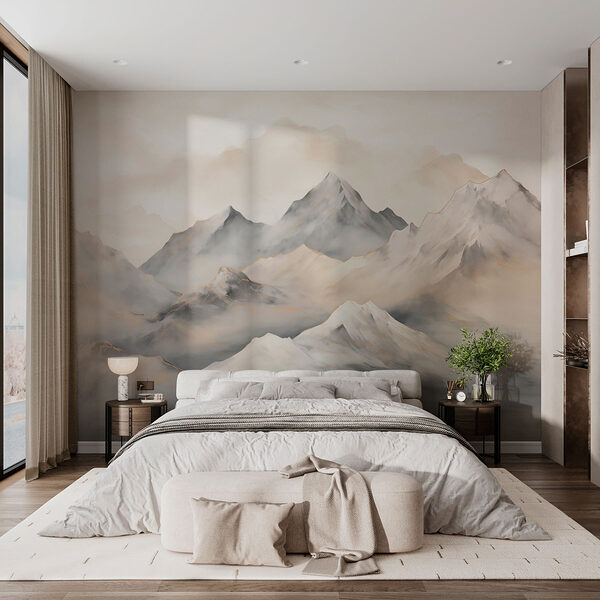 Schilderij van bergen met wolken Fotobehang Schilderij van bergen met wolken