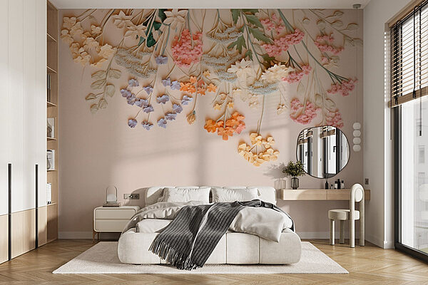 Groep bloemen op een wit oppervlak Fotobehang Groep bloemen op een wit oppervlak