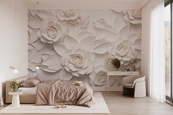 Witte papieren bloemen en bladeren Fotobehang Witte papieren bloemen en bladeren