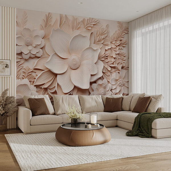 Witte bloemen en bladeren op een muur Fotobehang Witte bloemen en bladeren op een muur