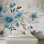 Fotobehang Schilderij van blauwe bloemen en bruine bladeren