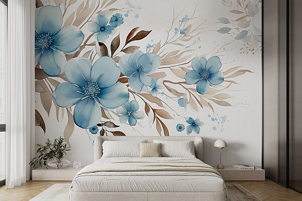 Schilderij van blauwe bloemen en bruine bladeren Fotobehang Schilderij van blauwe bloemen en bruine bladeren