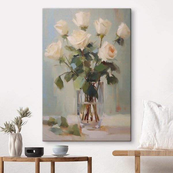 Schilderij van een vaas met witte rozen Canvas Schilderijen Schilderij van een vaas met witte rozen