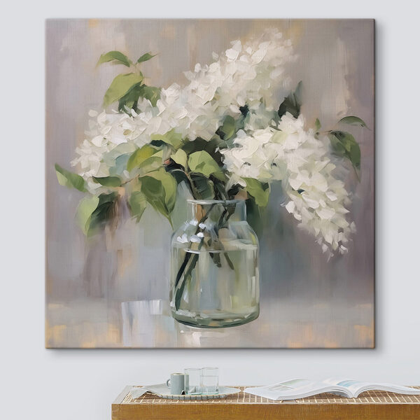Schilderij van een boeket witte bloemen in een glazen pot Canvas Schilderijen Schilderij van een boeket witte bloemen in een glazen pot