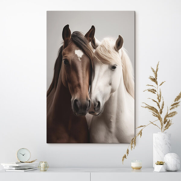 Twee paarden met hun hoofden tegen elkaar Canvas Schilderijen Twee paarden met hun hoofden tegen elkaar