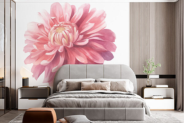 Roze bloem met groene bladeren Fotobehang Roze bloem met groene bladeren