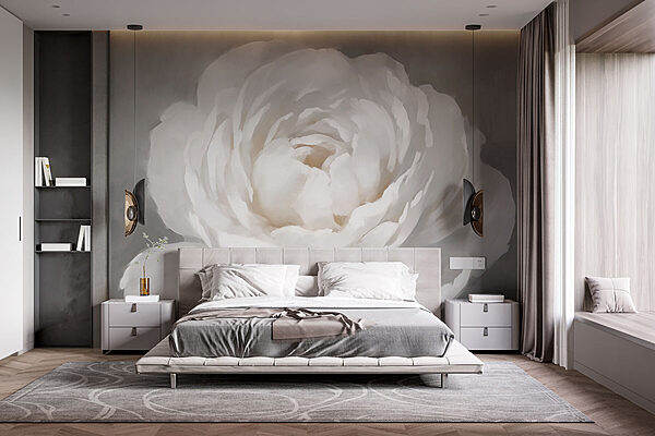 Witte bloem met bladeren Fotobehang Witte bloem met bladeren