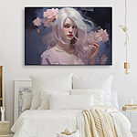 Canvas Schilderijen Vrouw met lang wit haar en roze bloemen