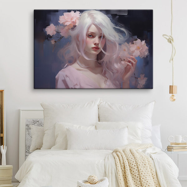 Vrouw met lang wit haar en roze bloemen Canvas Schilderijen Vrouw met lang wit haar en roze bloemen