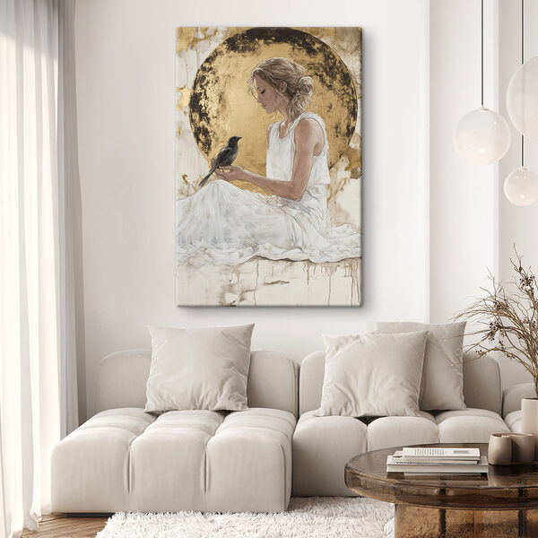 Vrouw in een witte jurk met een vogel Canvas Schilderijen Vrouw in een witte jurk met een vogel