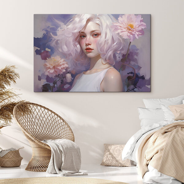 Vrouw met roze haar en roze bloemen Canvas Schilderijen Vrouw met roze haar en roze bloemen