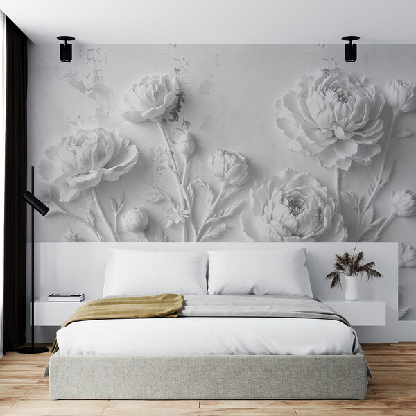 Fotobehang Fotobehang Snijwerk van witte bloemen op een muur (Artikelnummer: w03553v2)