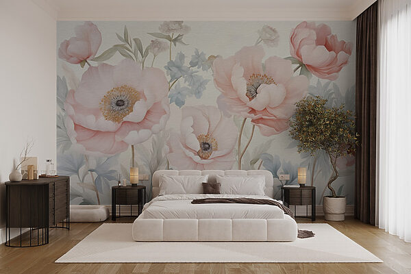 Schilderij van bloemen op een muur Fotobehang Schilderij van bloemen op een muur