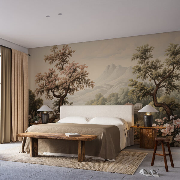 Landschap met bomen en bloemen Fotobehang Landschap met bomen en bloemen