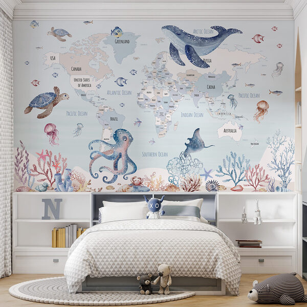 Fotobehang Wereldkaart met zeedieren