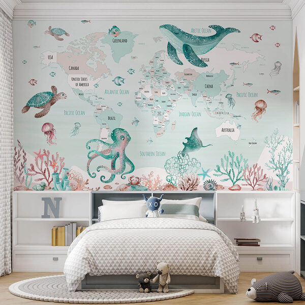Wereldkaart met zeedieren Fotobehang Wereldkaart met zeedieren