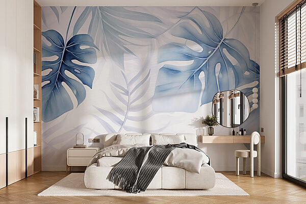 Delicaat blauw gebladerte-ontwerp Fotobehang Delicaat blauw gebladerte-ontwerp