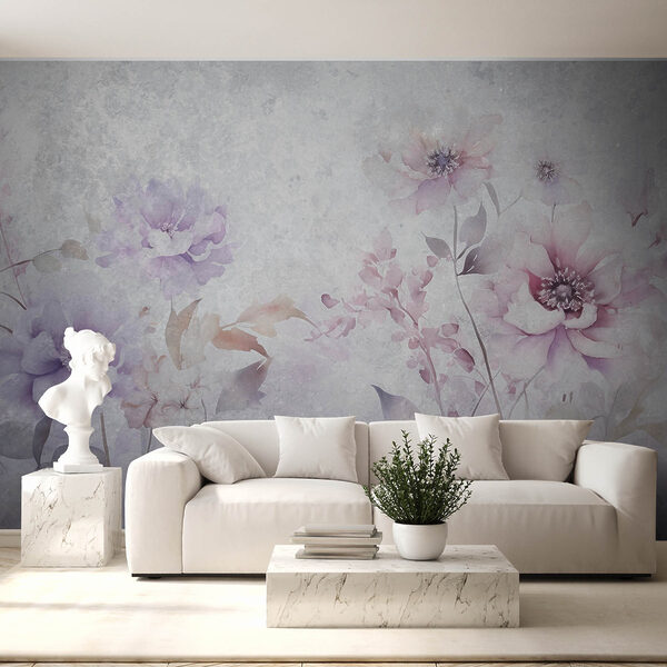 Schilderij van bloemen op een witte achtergrond Fotobehang Schilderij van bloemen op een witte achtergrond