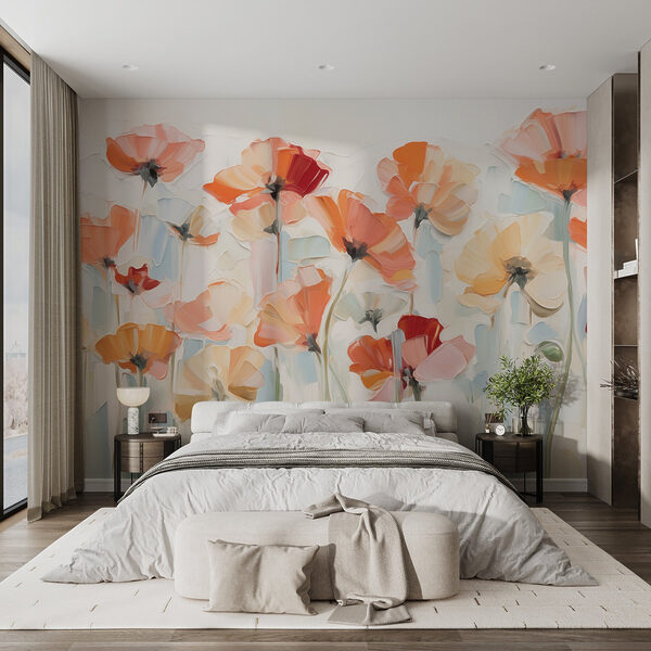Schilderij van bloemen op een witte achtergrond Fotobehang Schilderij van bloemen op een witte achtergrond