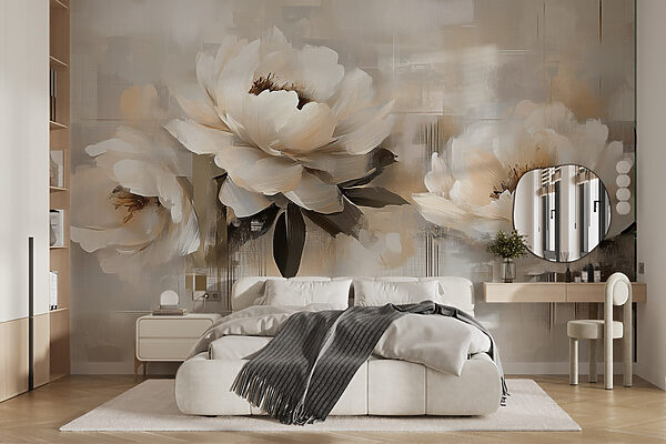 Schilderij van bloemen op een witte achtergrond Fotobehang Schilderij van bloemen op een witte achtergrond