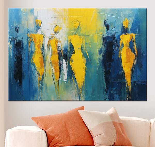 Schilderij van mensen in geel en blauw Canvas Schilderijen Schilderij van mensen in geel en blauw