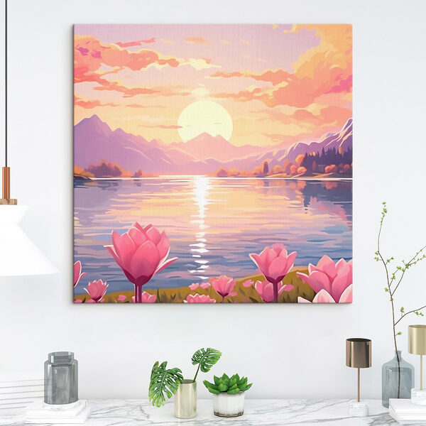 Roze bloemen naast een meer Canvas Schilderijen Roze bloemen naast een meer