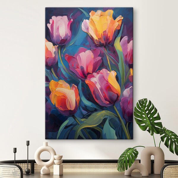Schilderij van bloemen op een blauwe achtergrond Canvas Schilderijen Schilderij van bloemen op een blauwe achtergrond