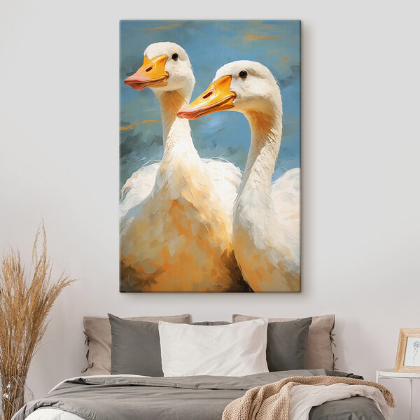 Paar witte eenden met oranje snavels Canvas Schilderijen Paar witte eenden met oranje snavels