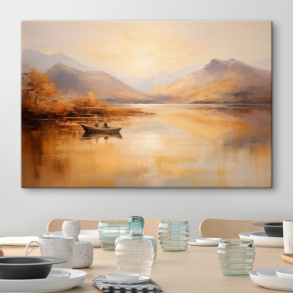 Schilderij van een boot op een meer met bergen op de achtergrond Canvas Schilderijen Schilderij van een boot op een meer met bergen op de achtergrond