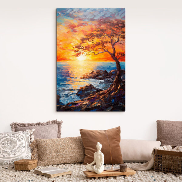 Boom op een rotskust met een zonsondergang Canvas Schilderijen Boom op een rotskust met een zonsondergang