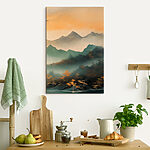 Canvas Schilderijen Mistige bergketen met bomen