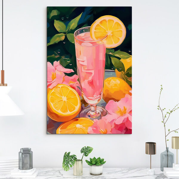 Glas roze vloeistof met citroenen en bloemen Canvas Schilderijen Glas roze vloeistof met citroenen en bloemen