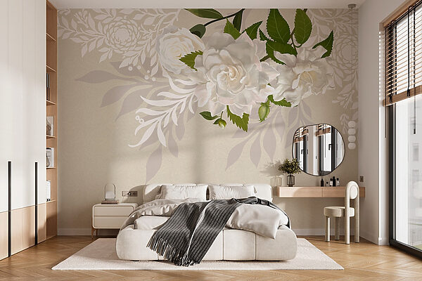 Witte bloemen met groene bladeren Fotobehang Witte bloemen met groene bladeren