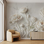 Fotobehang Snijwerk van witte bloemen op een muur