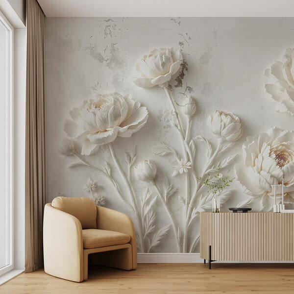 Fotobehang Snijwerk van witte bloemen op een muur (Artikelnummer: w03553) Fotobehang Fotobehang Snijwerk van witte bloemen op een muur (Artikelnummer: w03553)