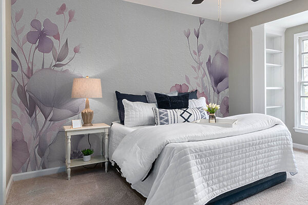 Schilderij van bloemen op een wit oppervlak Fotobehang Schilderij van bloemen op een wit oppervlak