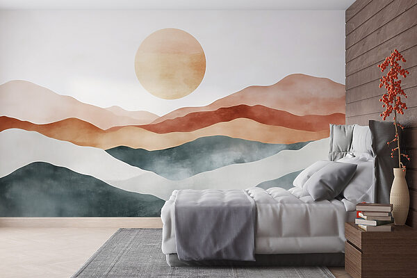 Schilderij van bergen en zon Fotobehang Schilderij van bergen en zon